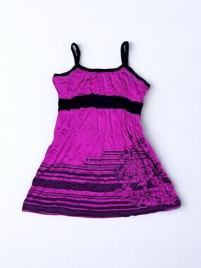 Vtg Y2K Hot Pink Fuchsia Babydoll Tank Top Black Contrast Trim Striped Floral